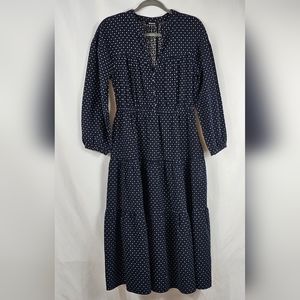 Madewell Dobby V-Neck Tiered Midi Dress Navy White Prairie Cottage Womens M